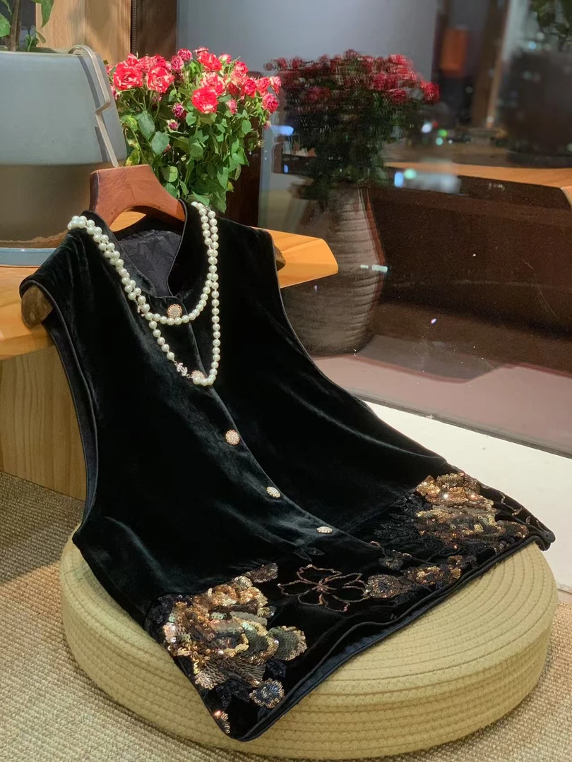 聆夏质造【渔舟唱晚】2025国风贵气优雅百搭亮片丝绒马甲