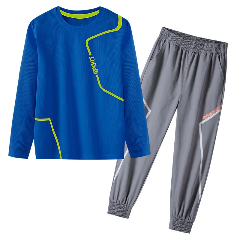 夏男童运动速干套装中大童儿童休闲防晒防蚊薄款跑步长袖T恤长裤