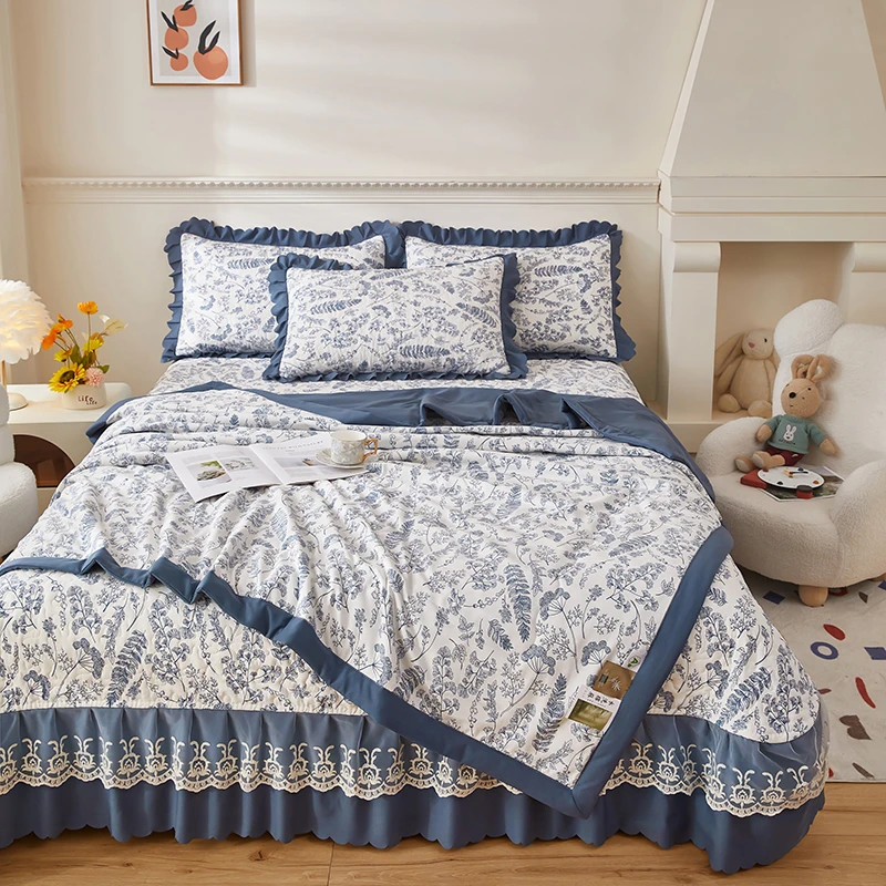 新款水洗棉麻床盖夏凉被四件套床上用品防滑床盖三件套