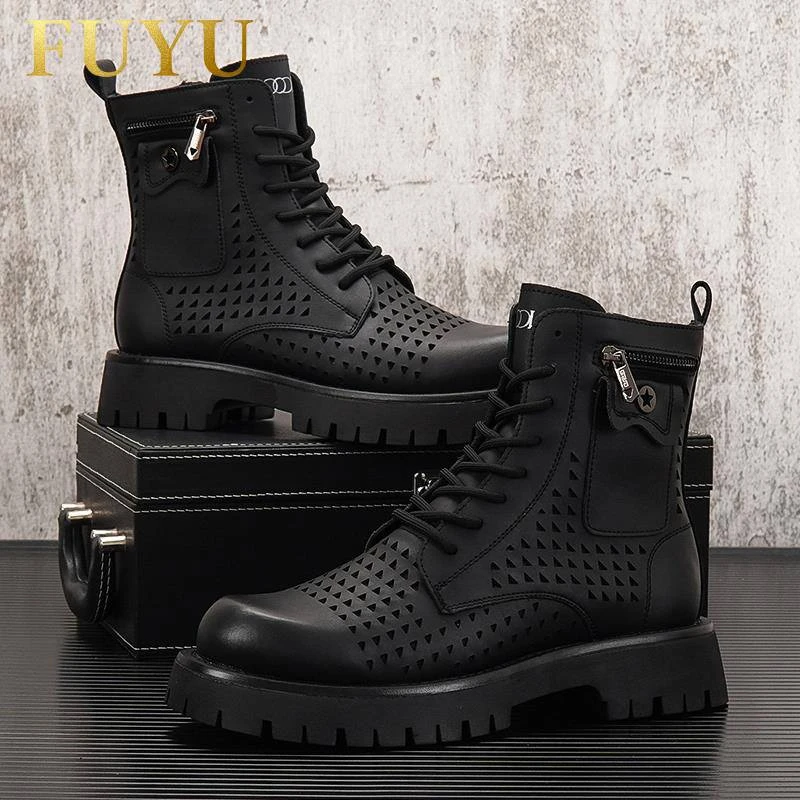 镂空马丁靴男鞋2025秋季透气薄款高帮机车靴子男士厚底内增高短靴