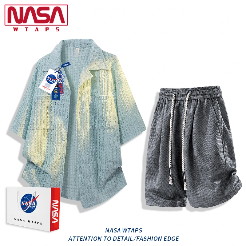 NASA WTAPS镂空短袖衬衫套装男夏季薄款情侣宽松休闲短袖短裤套装