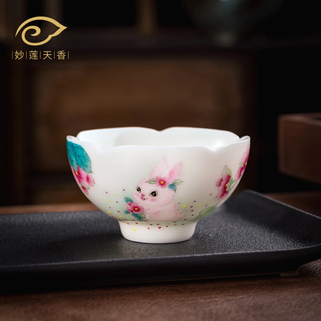 妙莲天香高档手绘白瓷精美主人杯单杯陶瓷功夫茶杯中秋送礼推荐