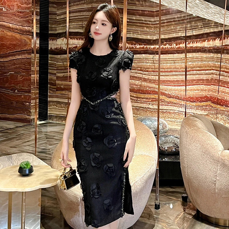 【女装定制】玫瑰花朵高级感露腰名媛连衣裙过膝中长款包臀裙91251