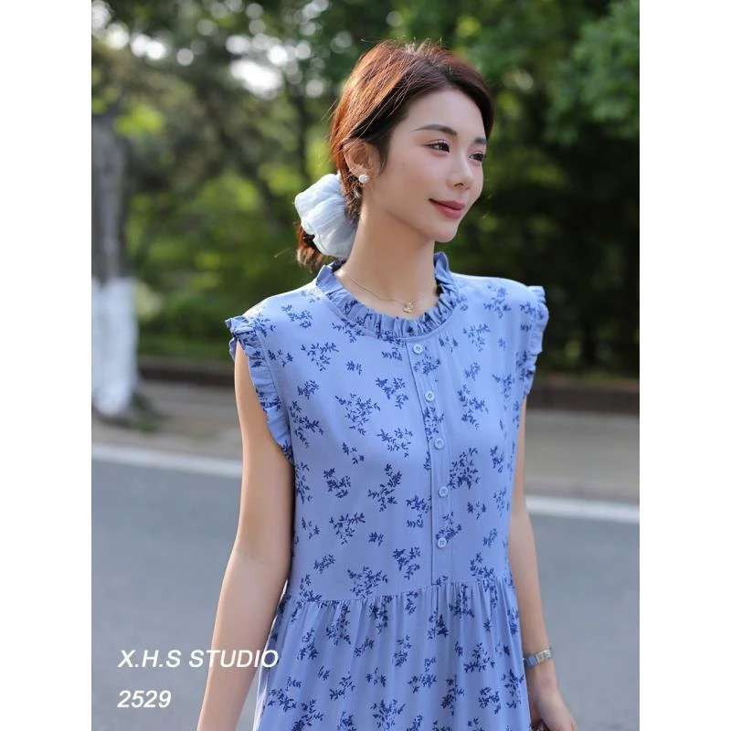 QX-绵绸无袖小清新宽松夏季多色显瘦连衣裙长裙夏季时尚印花