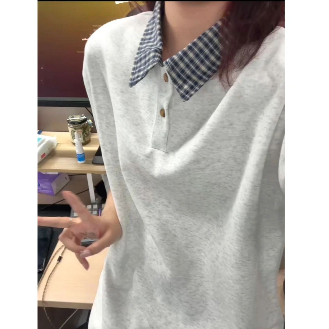 花灰色重磅格子衬衫领POLO衫短袖男夏季少年感穿搭T恤美式五分袖