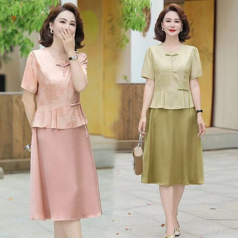 时尚中长款气质妈妈装新中式假两件减龄连衣裙洋气中年女外套妈妈