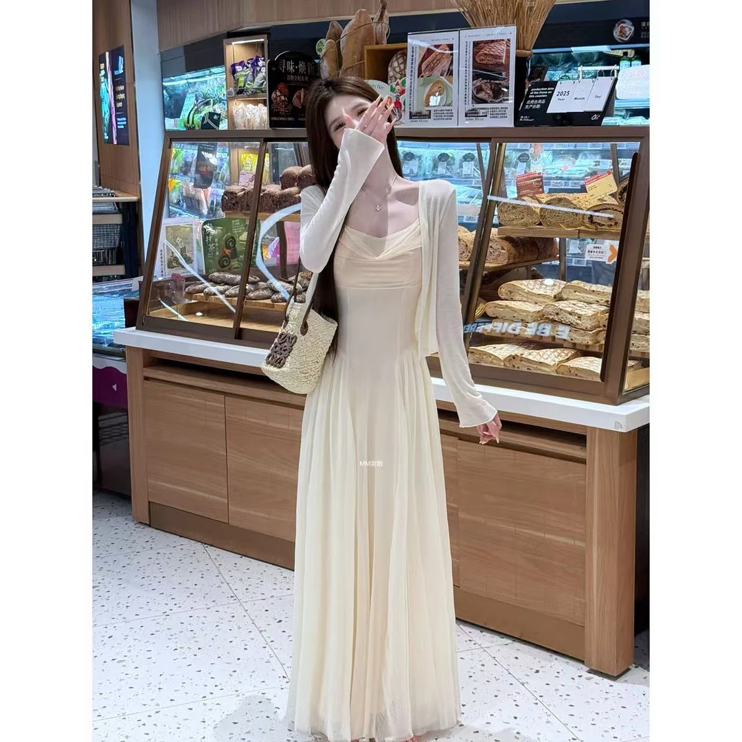 【温柔简信】淡颜夏日法式气质荡领高腰显瘦连衣长裙开衫两件套A400