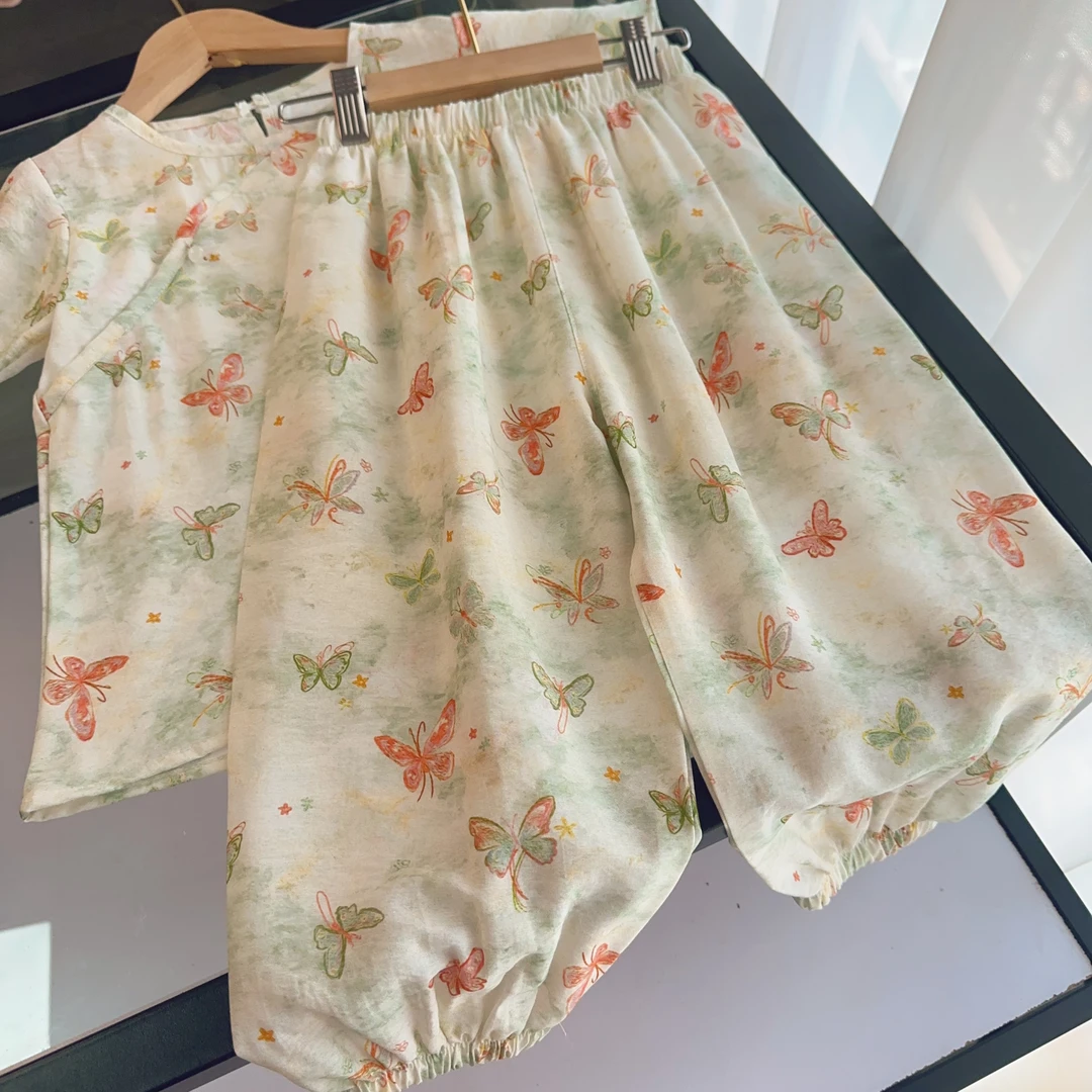 寻野国风在仓棉绸亲子短袖套装2025夏季女童短袖长裤套装