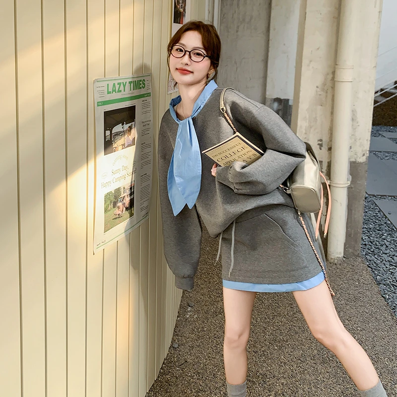 韩系运动休闲卫衣套装女裙蝴蝶结长袖上衣拼色高腰a字短裙两件套