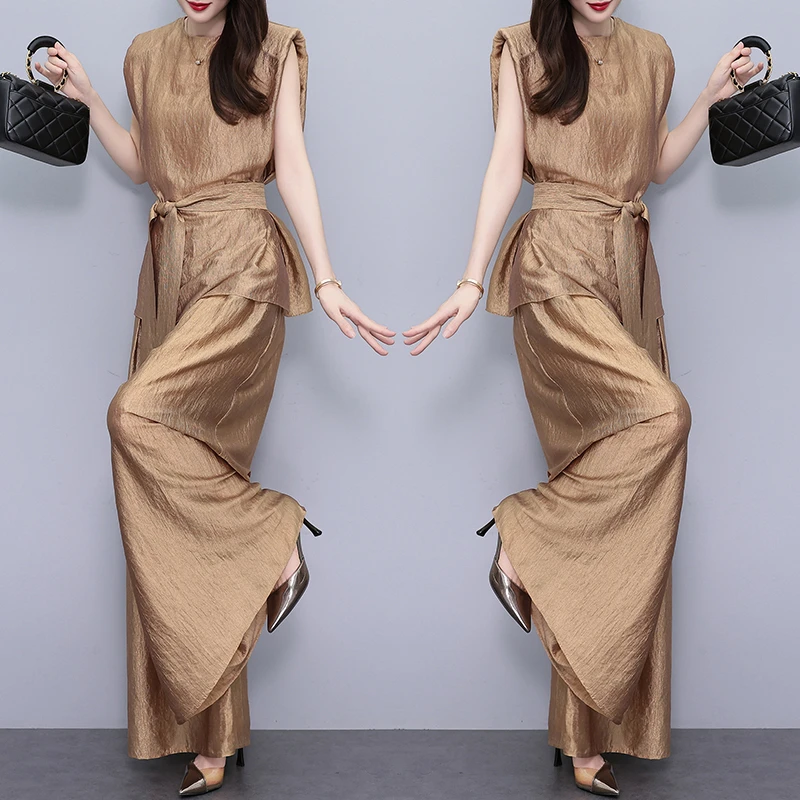 高级感时髦套装女气质2025夏季新款高腰阔腿裤无袖收腰时尚两件套