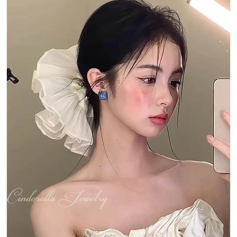 超大褶皱双层发圈大肠圈高级感头绳头花气质新娘结婚法式婚纱配饰