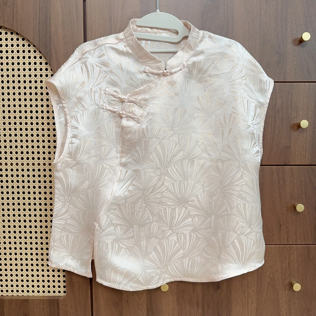 【锦裳丝绸】桑蚕丝正娟立领斜襟短袖斜襟上衣T恤春夏新品