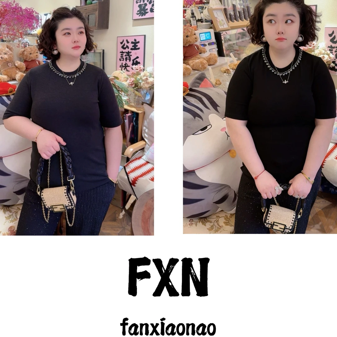 【FXN】大码设计感简约风圆领重工显瘦休闲上衣T恤