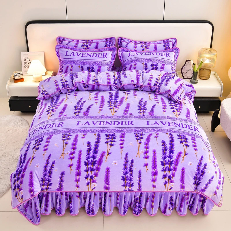 2025秋冬牛奶绒四件套加厚保暖双人被套花边床裙家纺床上用品