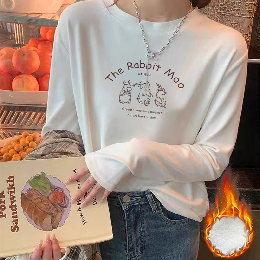 婳娇小个子圆领白色长袖叠穿t恤女宽松显瘦冬季简约百搭德绒上衣