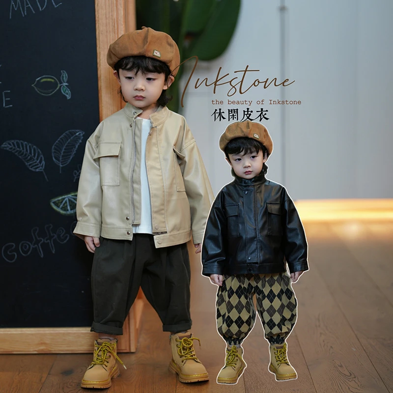 砚台家童装韩版春装男童皮衣外套夹克帅气时髦拉链衫AXDJ-21401
