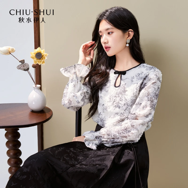 【艾美专属】秋水伊人雪纺衫女圆领镂空长袖优雅小衫624408C060324