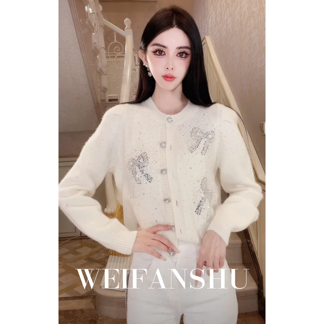 WEIFANSHU/魏凡舒【幸福记录】秋冬新款蝴蝶结烫钻甜美百搭针织开衫