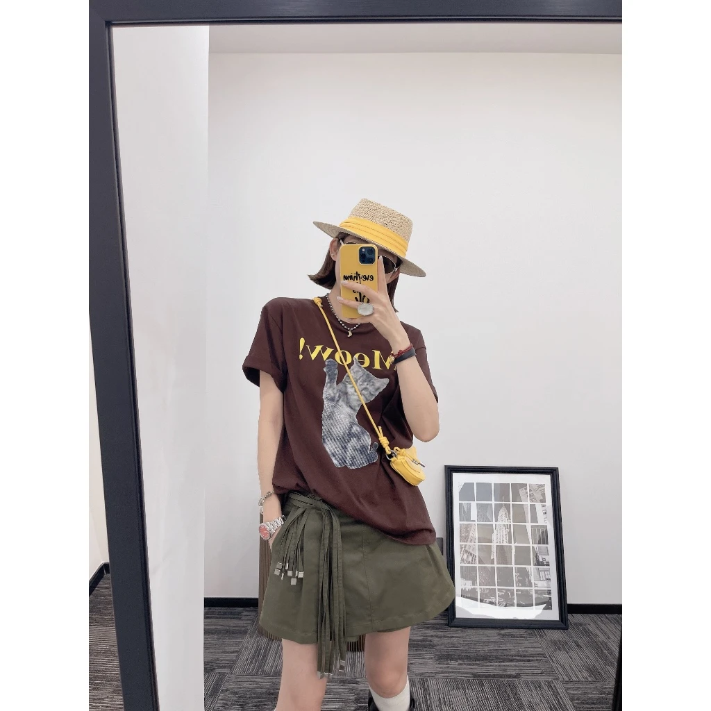 AMYLIANG｜【像素小猫】25新款可露里撞色圆领宽松短袖T恤YR1DX0176