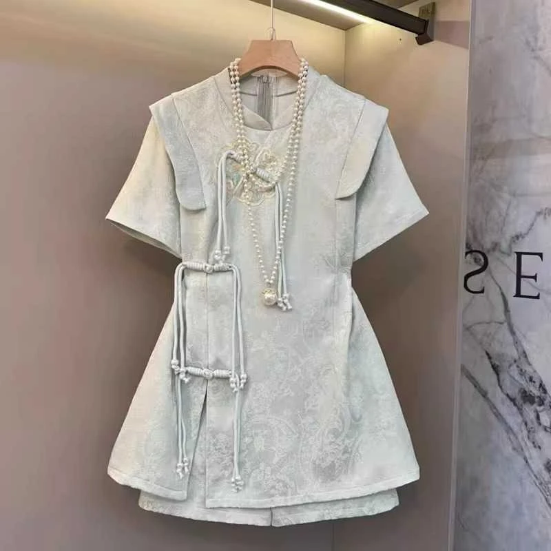 大码夏季国风新中式套装重工提花复古盘扣上衣短裤显瘦气质两件套