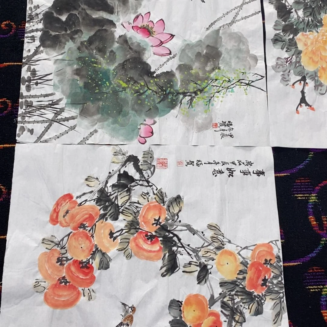 国画小*袄国画花鸟四尺斗方两张罗福贤  琪