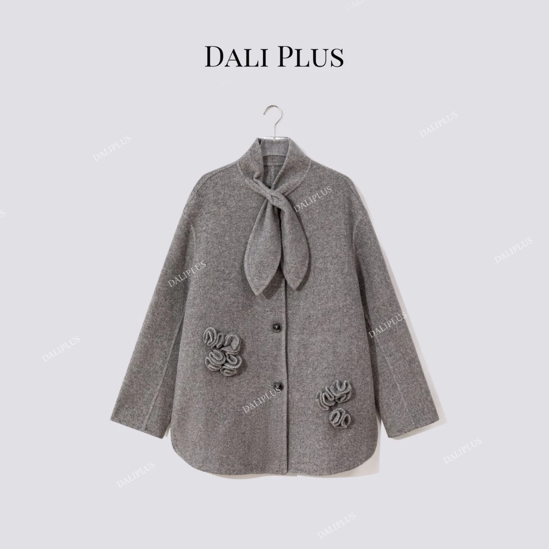 DALI PLUS“灰叠”桑蚕丝兔毛羊毛双面呢兔耳朵斜纹大衣-D5CK2117
