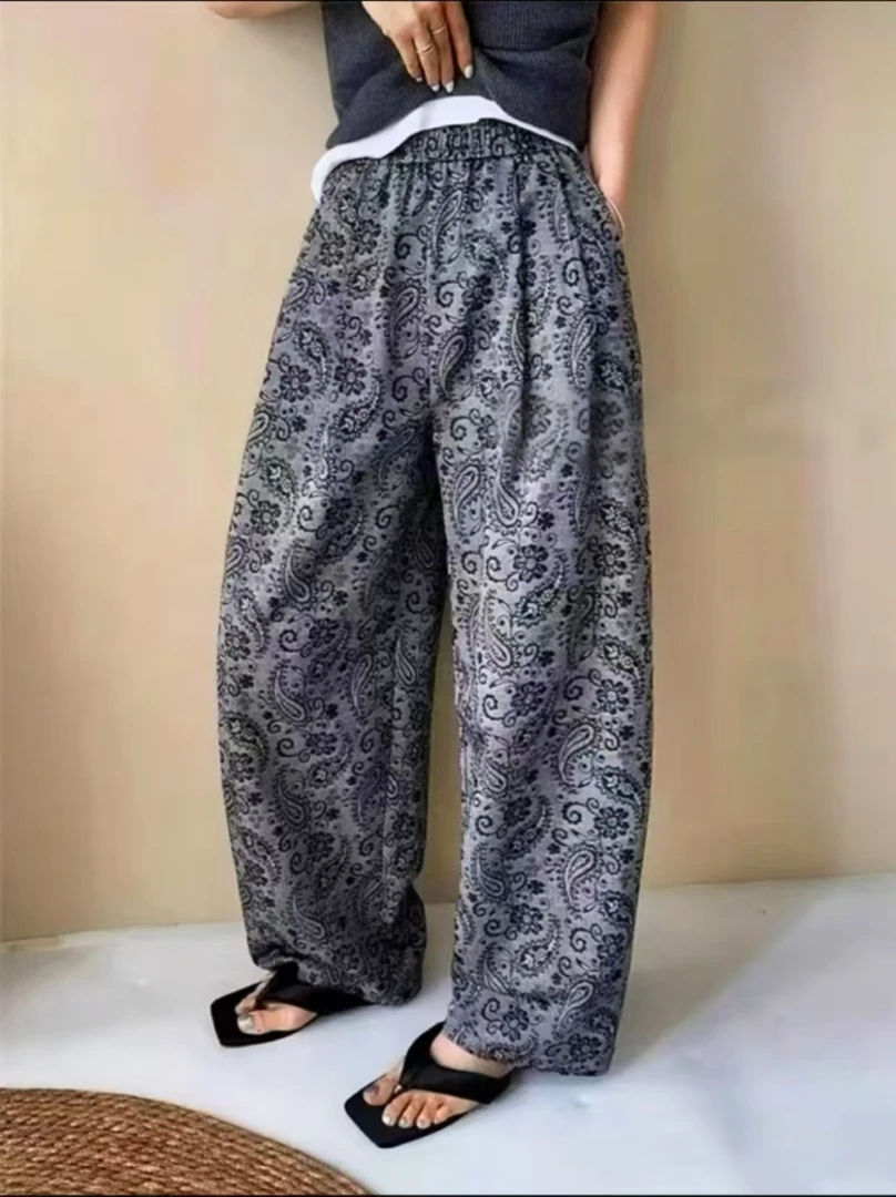 显瘦花朵腰果花长裤休闲复古夏季时尚阔腿裤休闲裤百搭印花