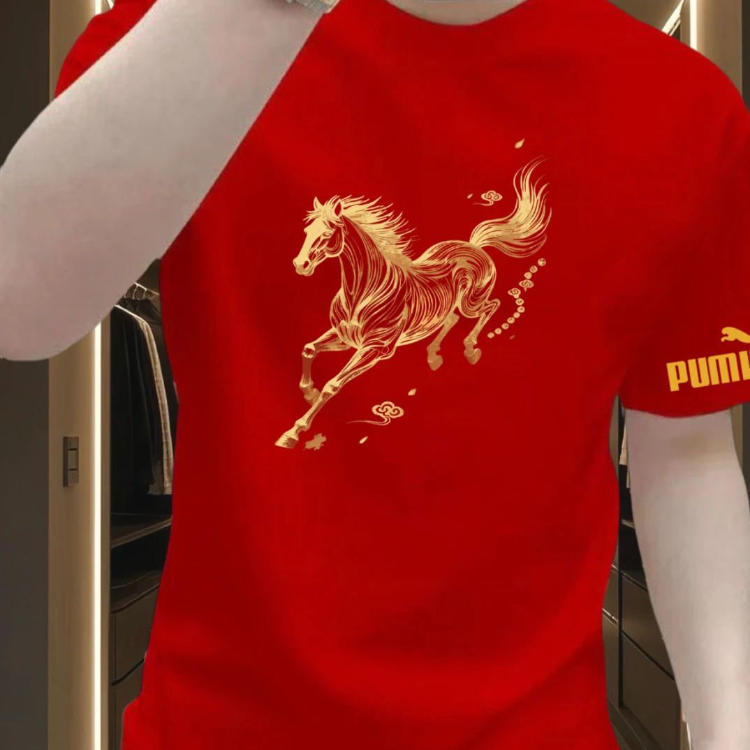 2026新款纯棉短袖潮牌夏季马年印花纯棉短袖T恤宽松圆领T恤男半袖