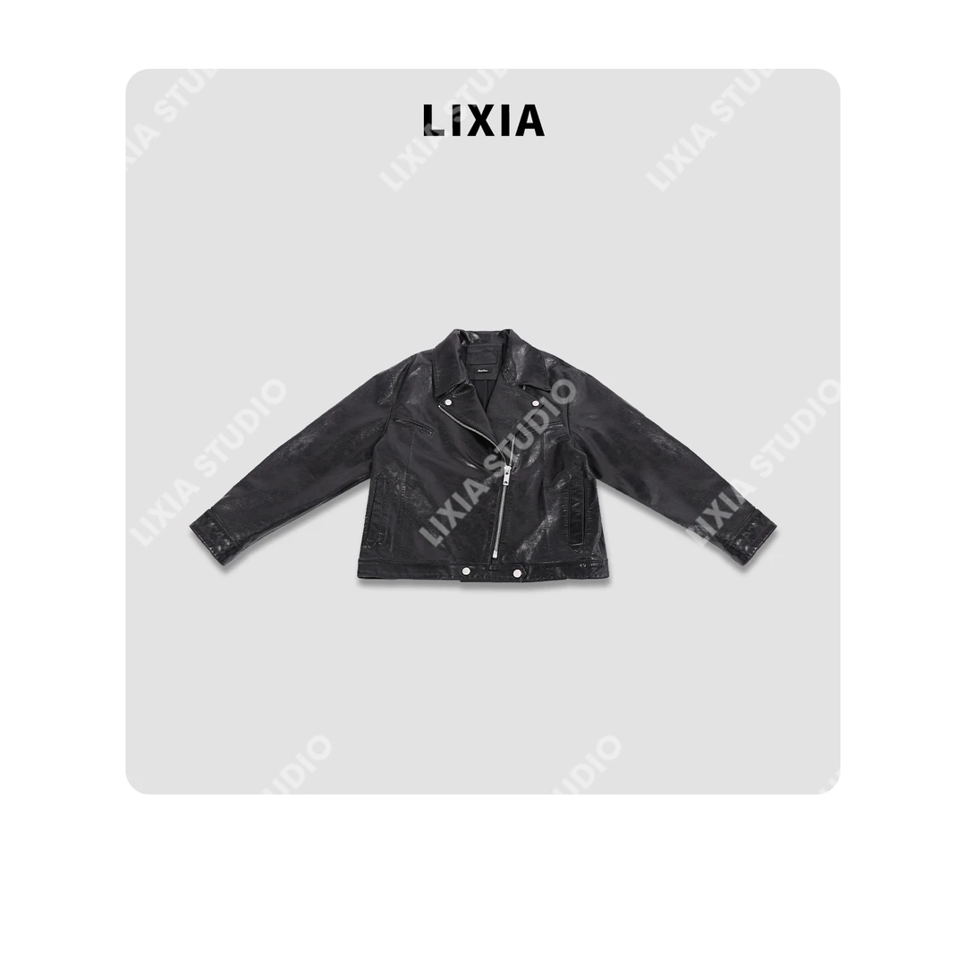 LIXIA【奇诺之旅】显瘦黑色气质ins机车风油蜡100绵羊皮皮衣-5830-1