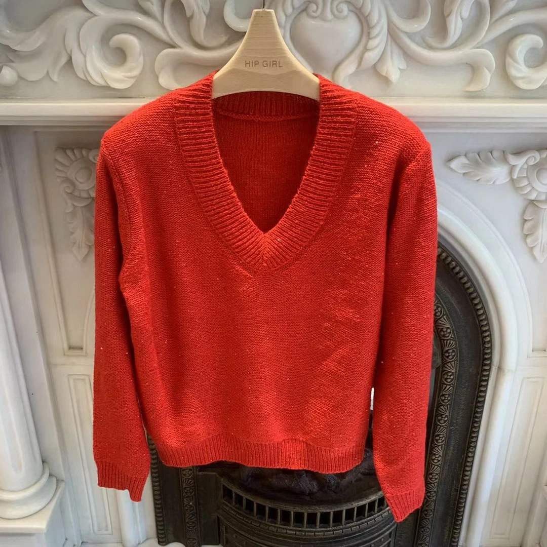 【20228844法拉利红色亮片】毛衣毛线衫秋冬新款外搭慵懒风毛衣