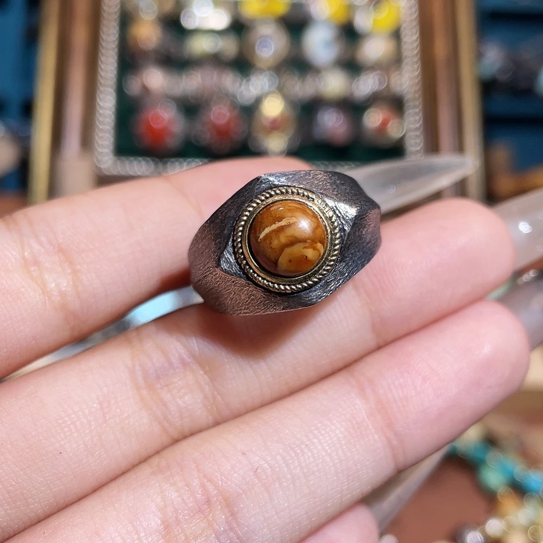 琥珀银S925镶嵌戒指