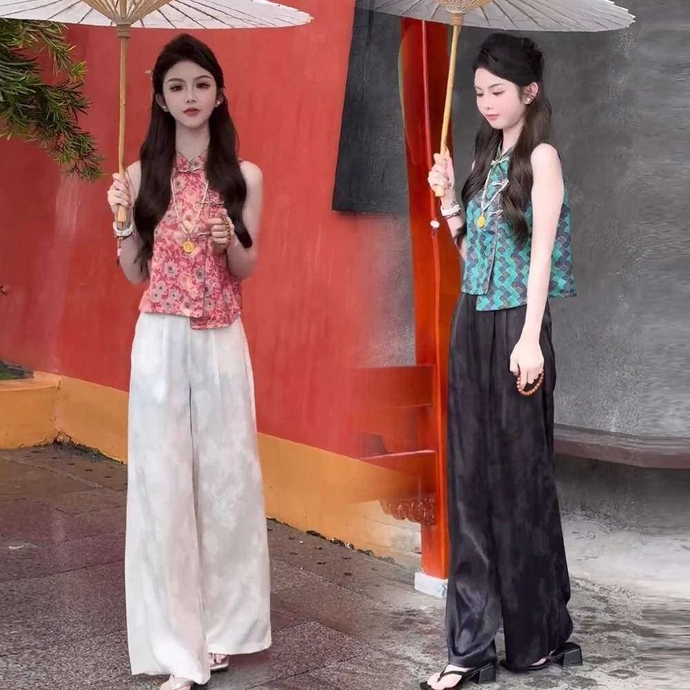 新中式套装女2025夏季新款国风盘扣立领无袖上衣阔腿裤气质两件套