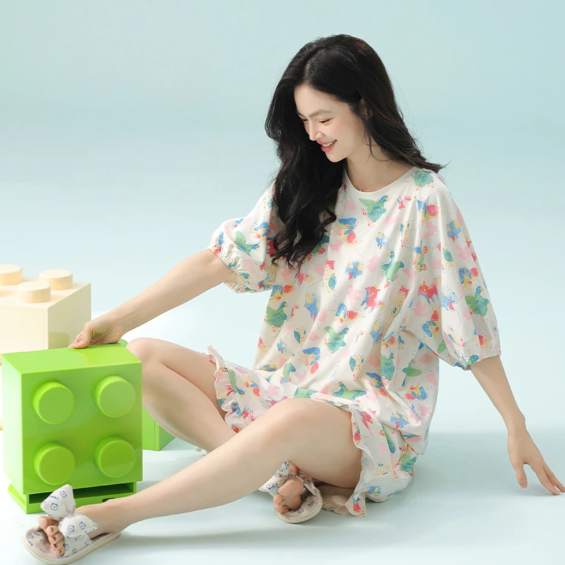 芬腾睡衣女夏季短袖女款可爱休闲大码薄款透气中袖家居服套装