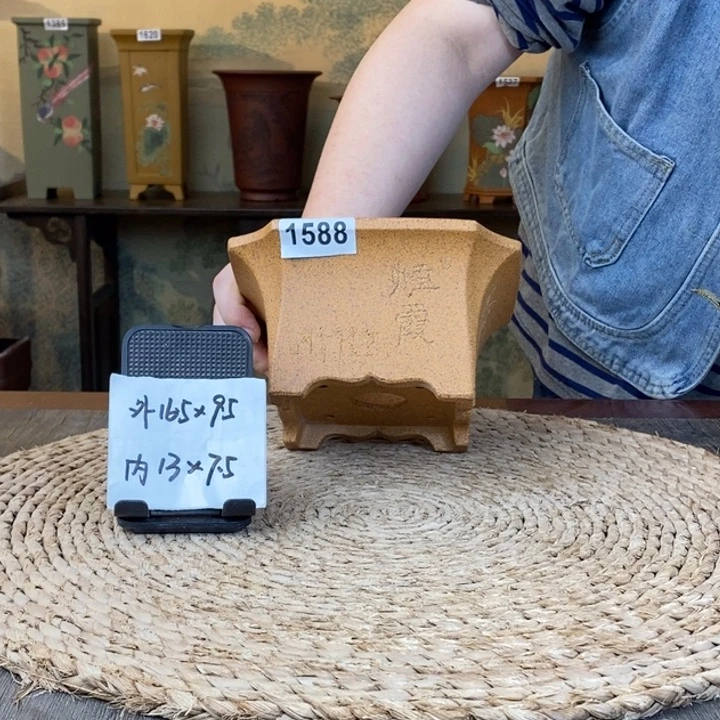 紫砂花盆  柴烧刻绘切角小方1588