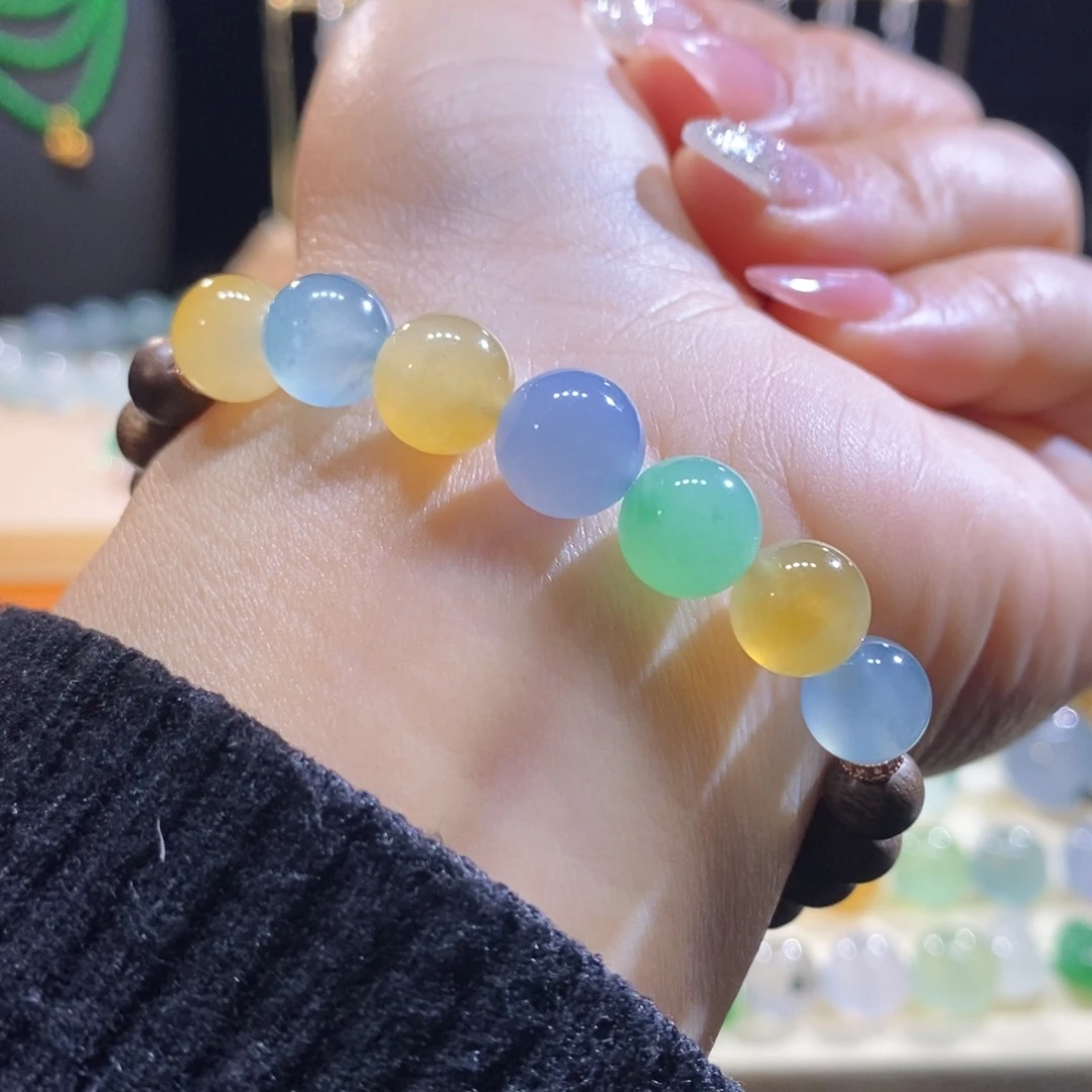 翡翠未镶嵌吊坠(不含链)翡翠浓色七彩小圆珠手串