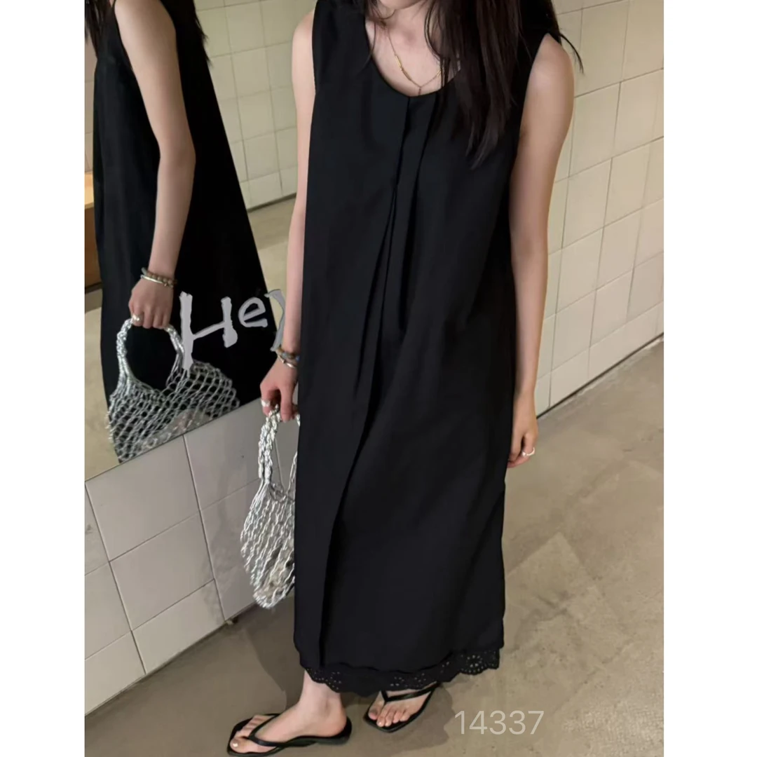 14337 SANFAN  新款赫本风前褶蕾丝拼接背心连衣裙