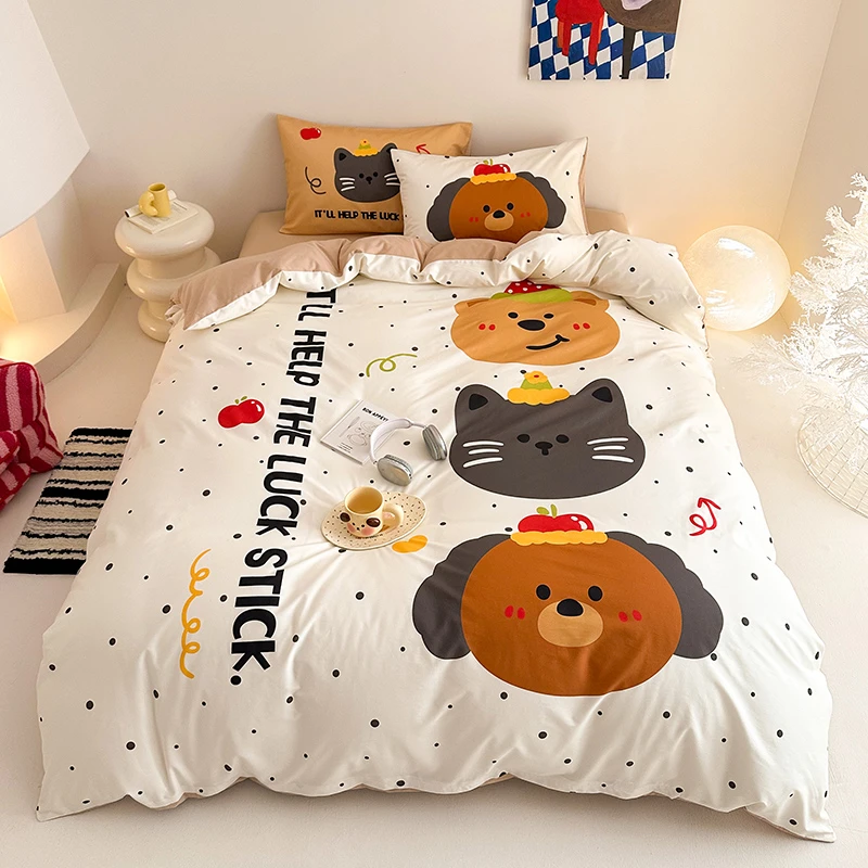 新款全棉纯棉四件床单款可爱卡通被套1.2m床笠款三件套小清新被罩