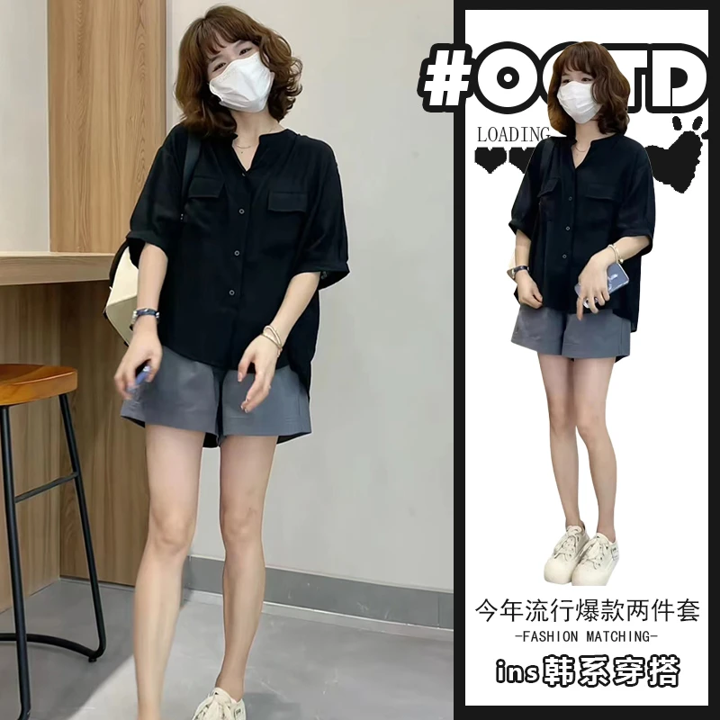 港风显瘦套装穿搭女2025夏季时尚气质v领上衣+高腰休闲西装短裤潮