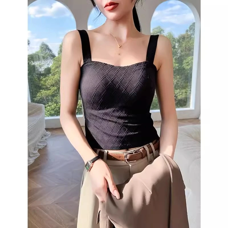 黑色吊带背心女内搭春夏季2025年新款带胸垫格纹短款打底上衣外穿