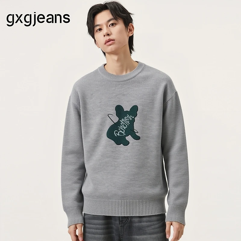 gxg.jeans男装 灰色宽松休闲圆领线衫毛衣男打底基础 25秋冬新品