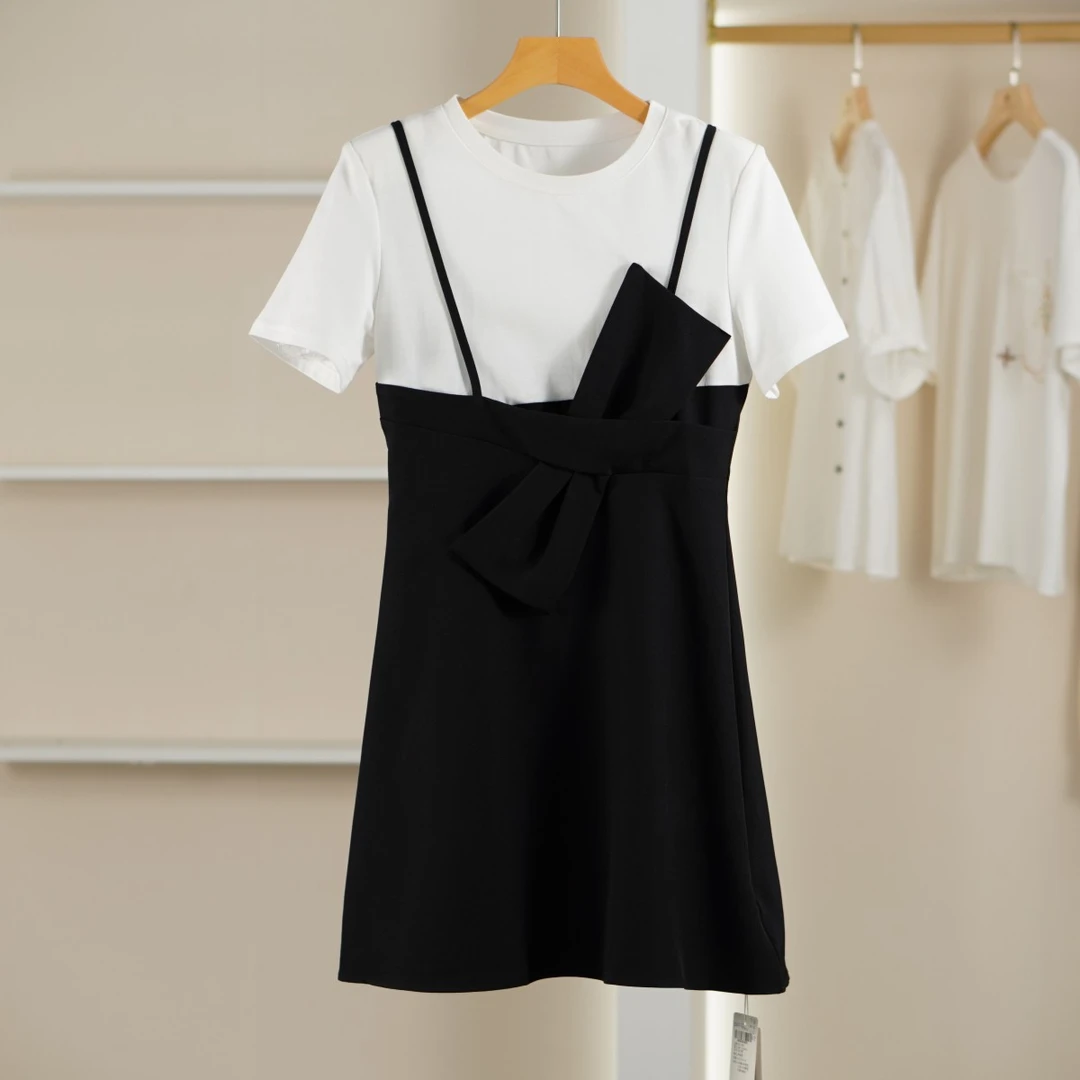 麦迪尚品【Miss-O】50421255 夏装圆领蝴蝶结假两件裙正品撤柜