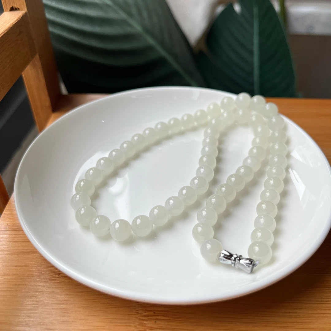 【郭老师】约7.5-8mm和田玉白玉圆珠项链约42cm