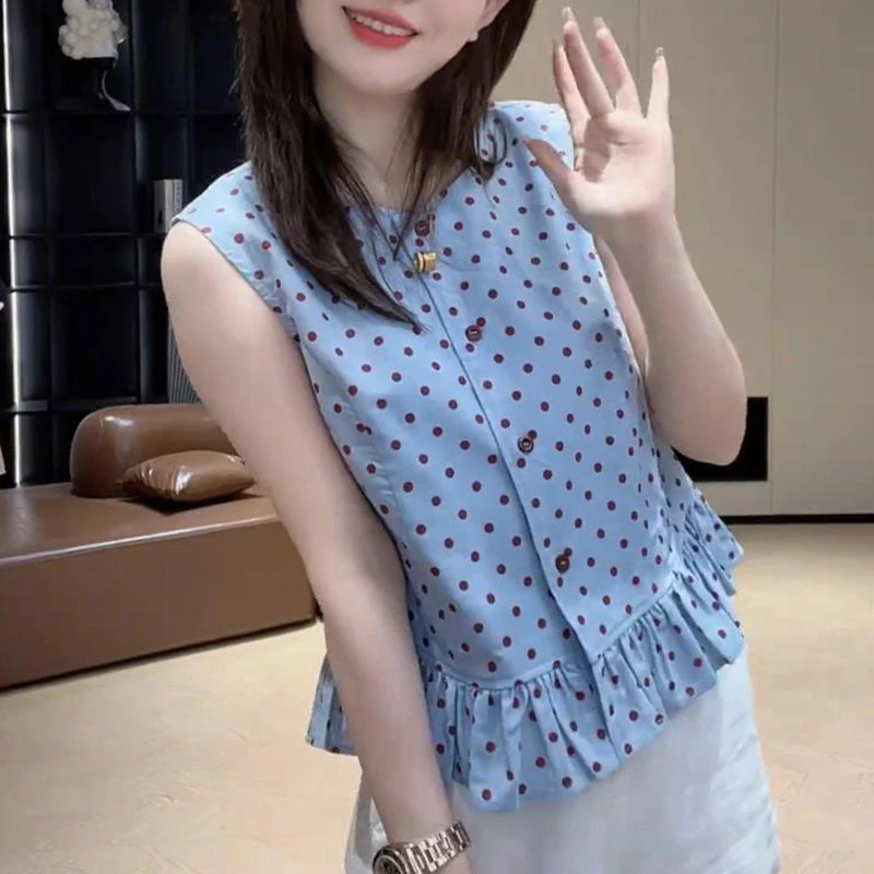 时尚波点洋气无袖衬衣女2025夏季新款气质百搭显瘦衬衫荷叶边上衣
