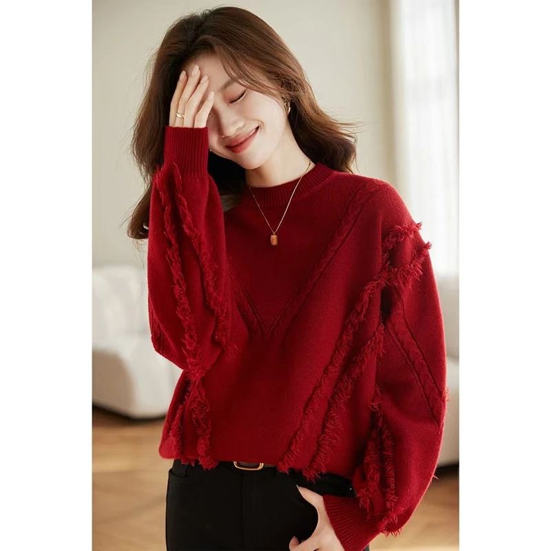 冬装流苏毛衣女款2025新款早春设计感套头针织衫女士宽松爆款上衣