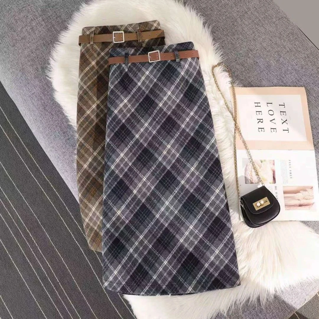 【国标裙长】百搭格子毛呢半身裙女秋季包臀裙高腰显瘦复古格纹长裙
