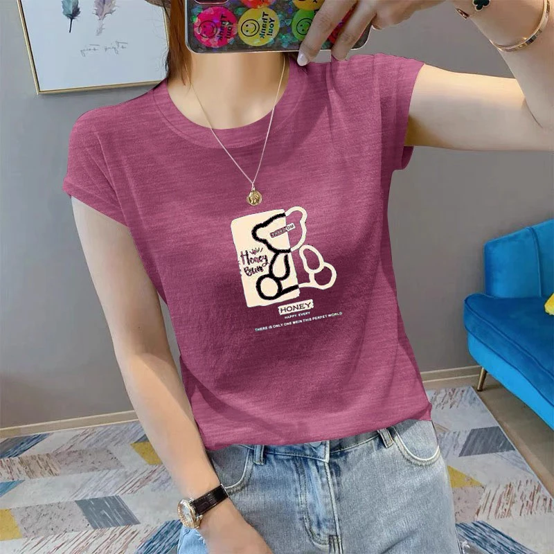 202夏季爆款透气竹节棉短袖t恤女圆领宽松显瘦百搭外穿休闲上衣