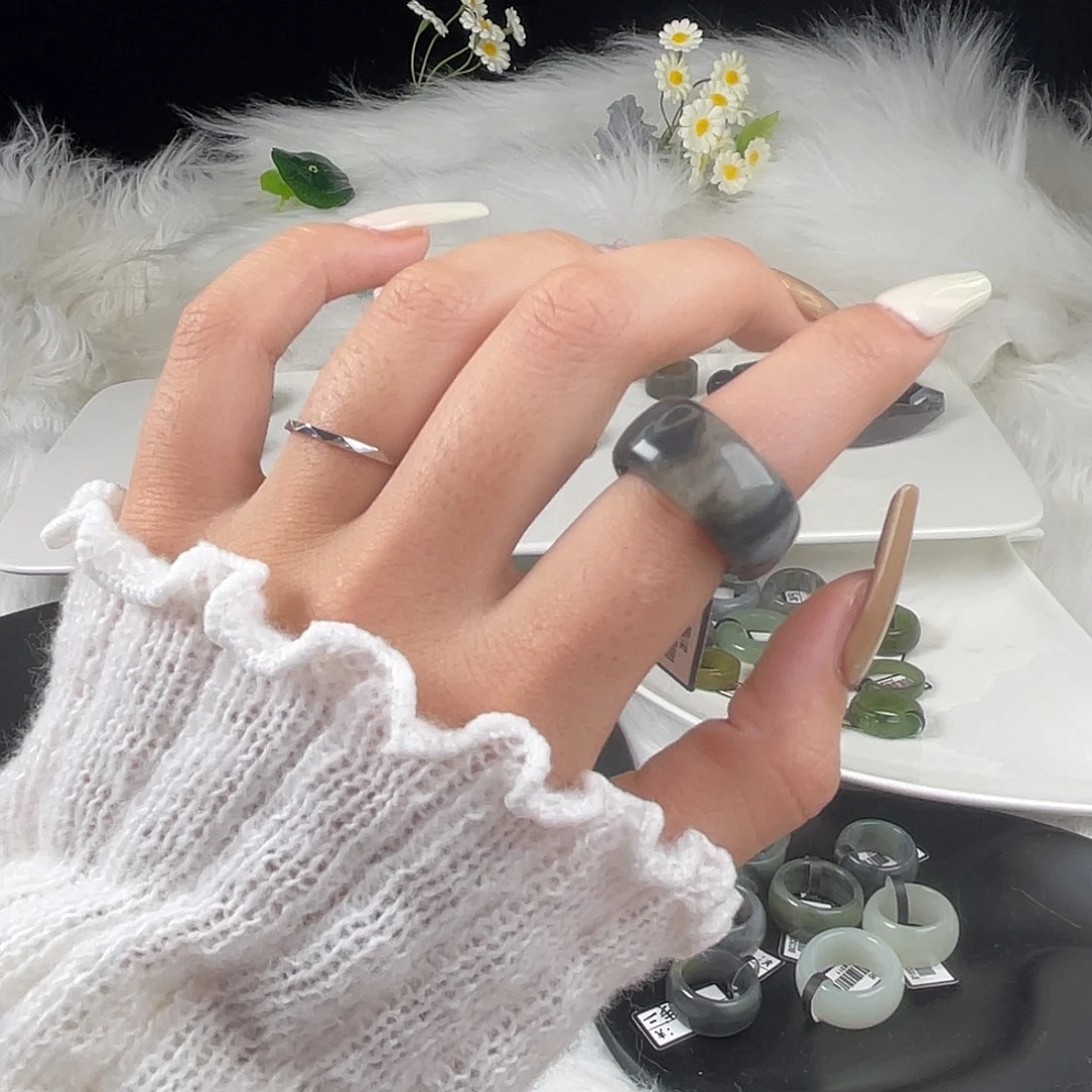 和田玉未镶嵌戒指U66糖青方圆17.0mm