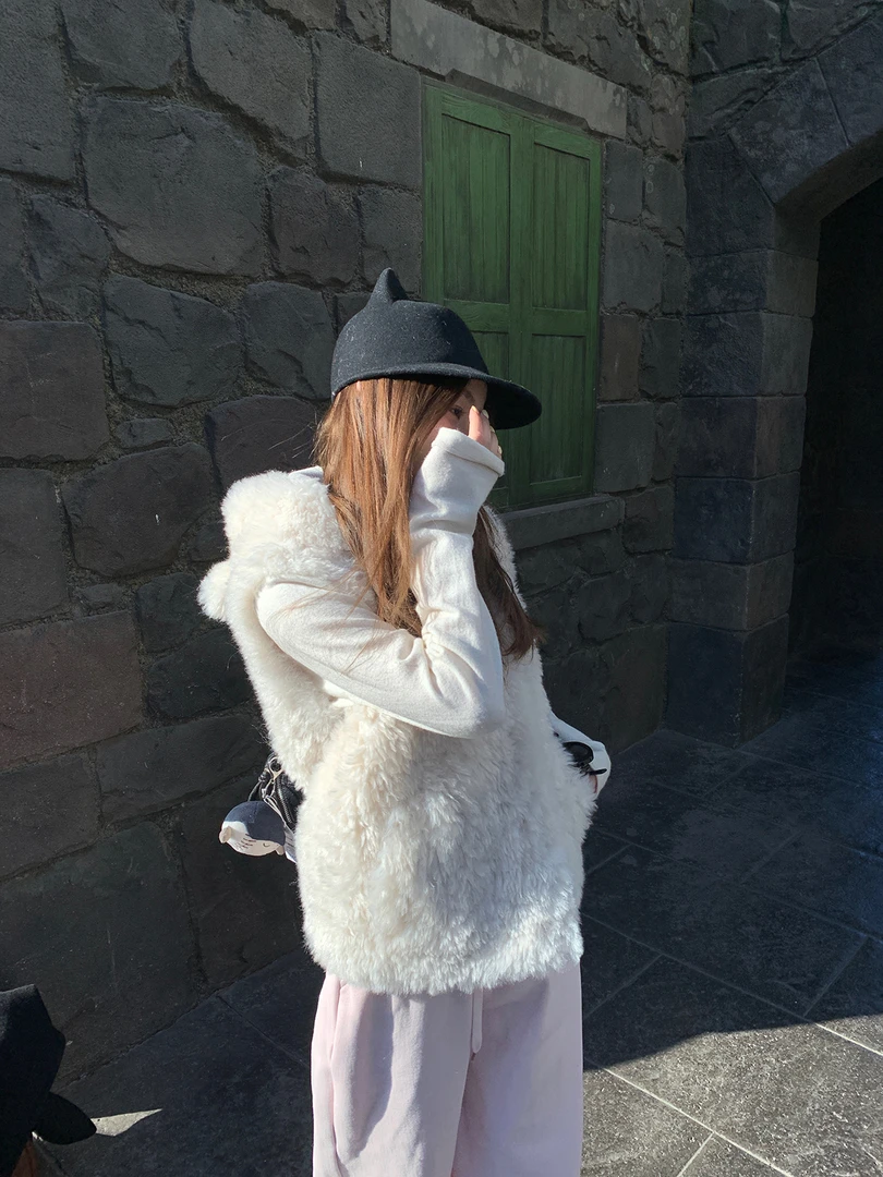 人造皮草 防寒单排扣冬季女毛皮草学院风连帽马夹派克服保暖