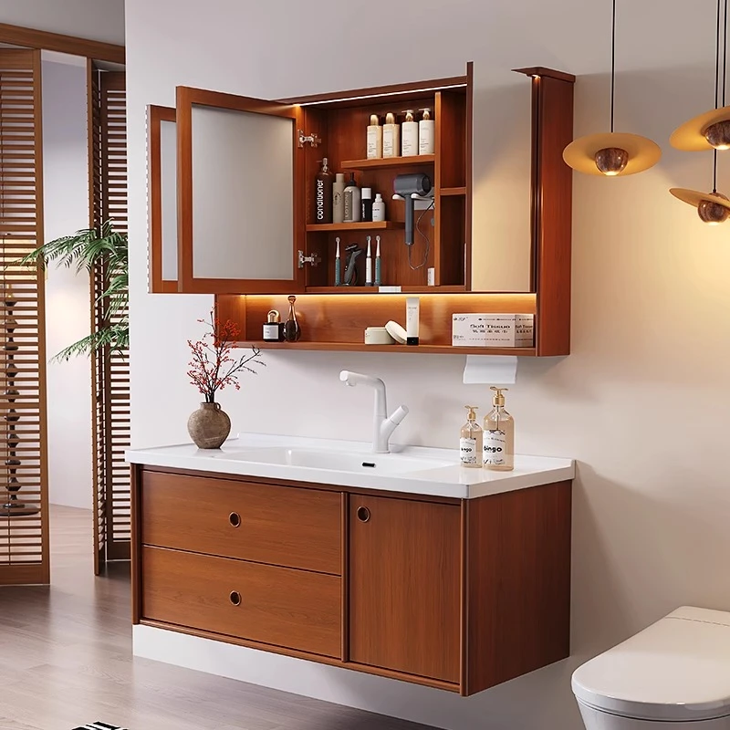 2025新款柚木色中古风浴室柜陶瓷一体盆卫生间洗漱台洗手池
