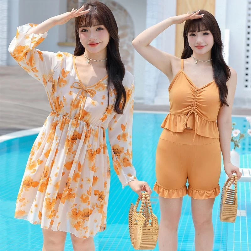 大码泳衣女胖mm200斤分体比基尼三件套大胸性感遮肚显瘦长袖罩衫